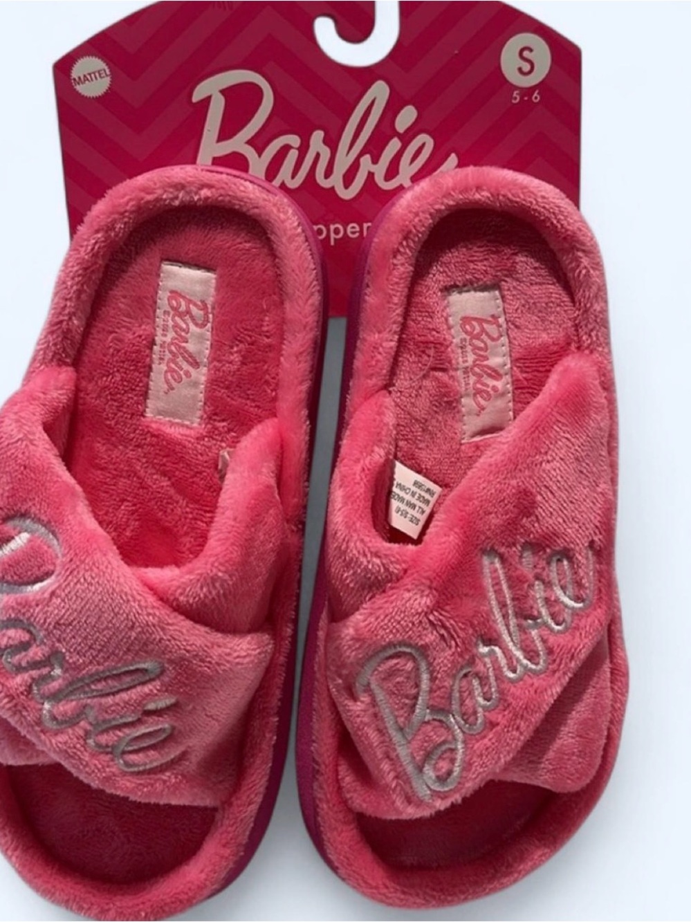 NWT Women’s Barbie Plush Slide Slippers in Coral Pink available in S, M & L